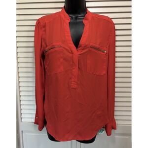 Love & Haight Red Chiffon Pleated Long Cuff Sleeve Zip Pocket Blouse Size‎ M